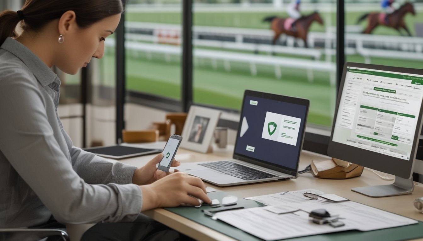 Seorang pemula memeriksa situs taruhan pacuan kuda di laptop dengan ponsel dan simbol verifikasi di meja.