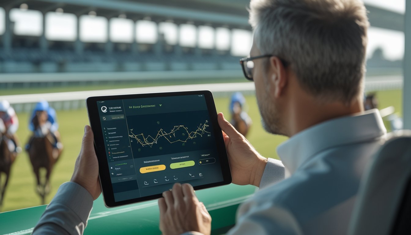 Seseorang melihat pacuan kuda melalui tablet di dekat arena balap.