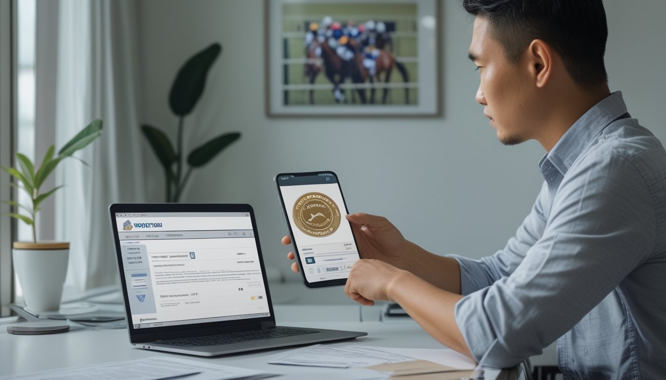 Seseorang memeriksa dokumen lisensi sambil melihat situs pacuan kuda di laptop.