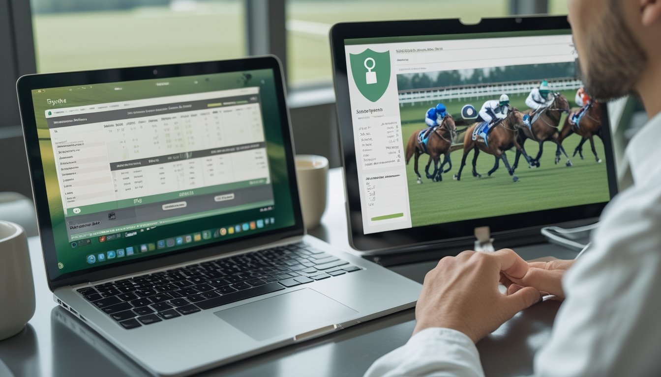 Seseorang memeriksa informasi pacuan kuda di laptop dengan gambar kuda dan joki di latar belakang.