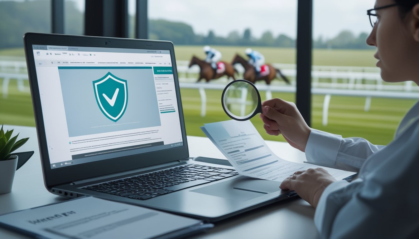 Seseorang memeriksa dokumen dan laptop dengan simbol verifikasi, sementara pacuan kuda terlihat di latar belakang.