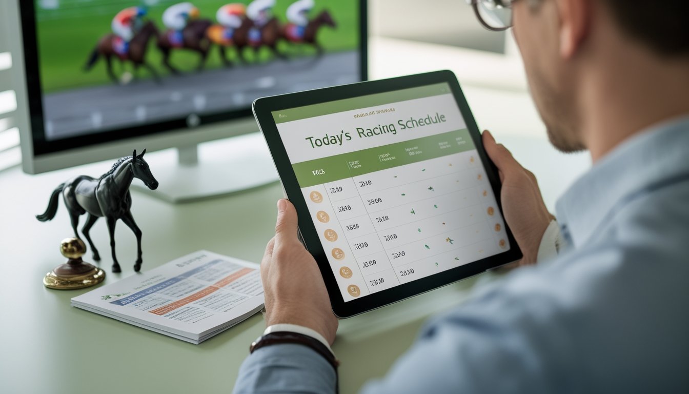 Seseorang memeriksa jadwal pacuan kuda pada tablet di meja.