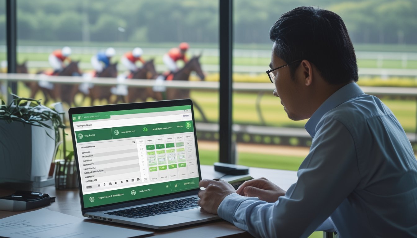 Seorang pemula mempelajari tampilan odds pacuan kuda di laptop dengan suasana balapan di latar belakang.