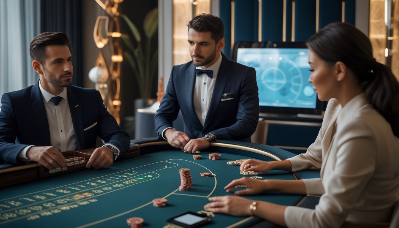 Dealer dan pemain dewasa sedang bermain baccarat di ruang kasino modern.