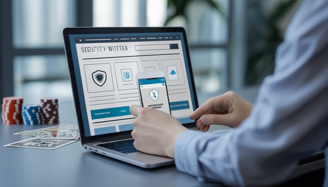 Seseorang memeriksa keamanan situs baccarat di laptop sambil menggunakan ponsel.