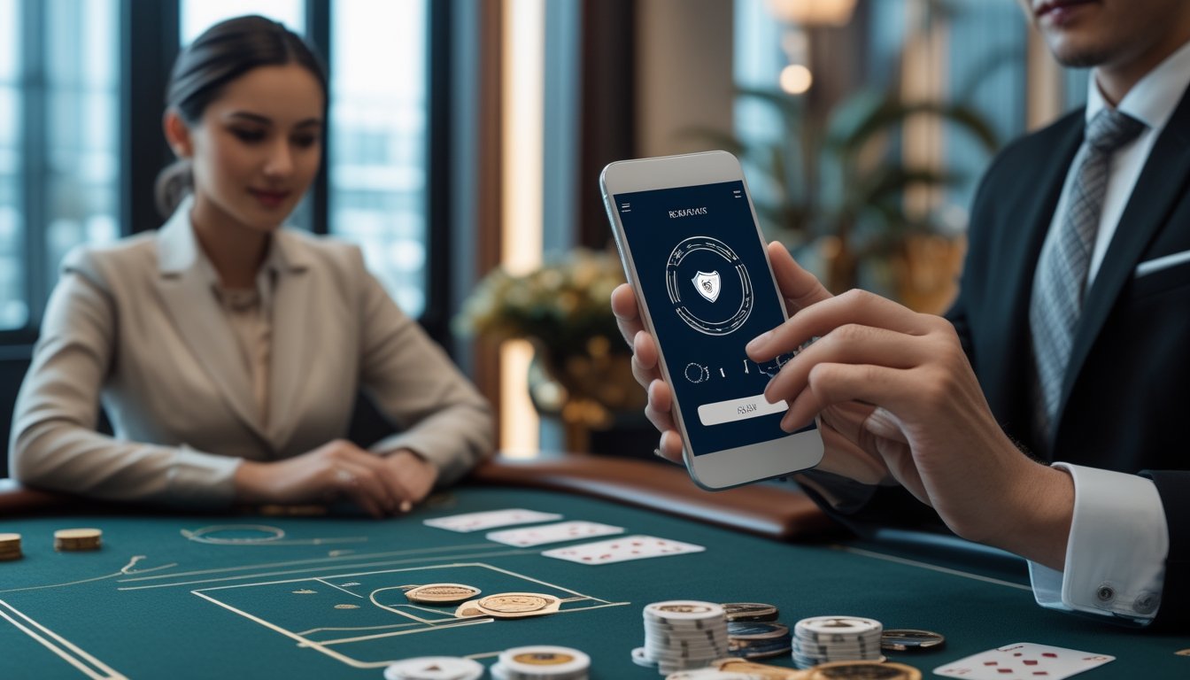Seorang pemain melihat ponsel di meja baccarat dengan dealer dan kartu di latar belakang.