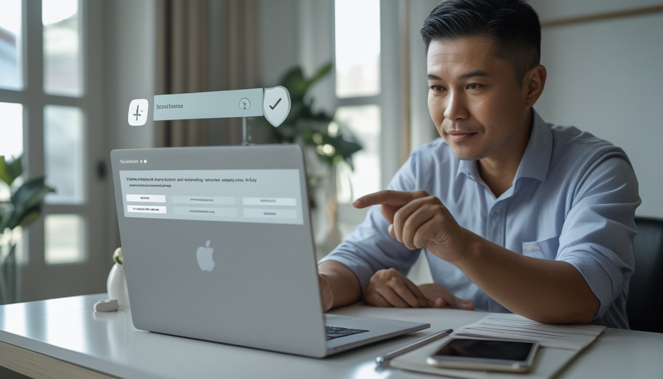 Seseorang memeriksa informasi pendaftaran di laptop dengan teliti.