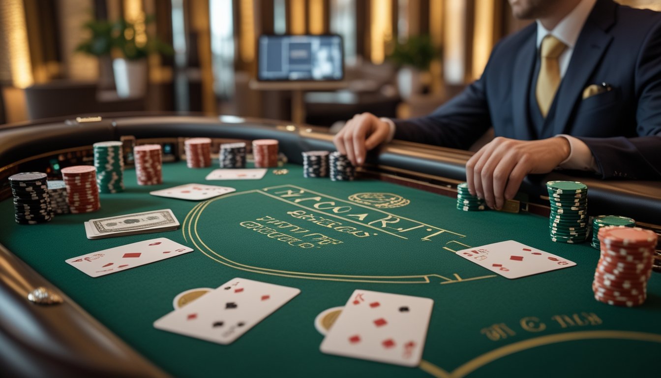 Meja baccarat dengan kartu dan tumpukan keping di ruang kasino yang elegan.