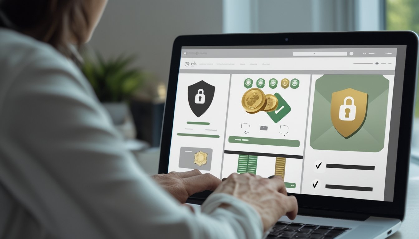 Seseorang memeriksa keamanan situs baccarat melalui laptop dengan ikon gembok dan tanda verifikasi.