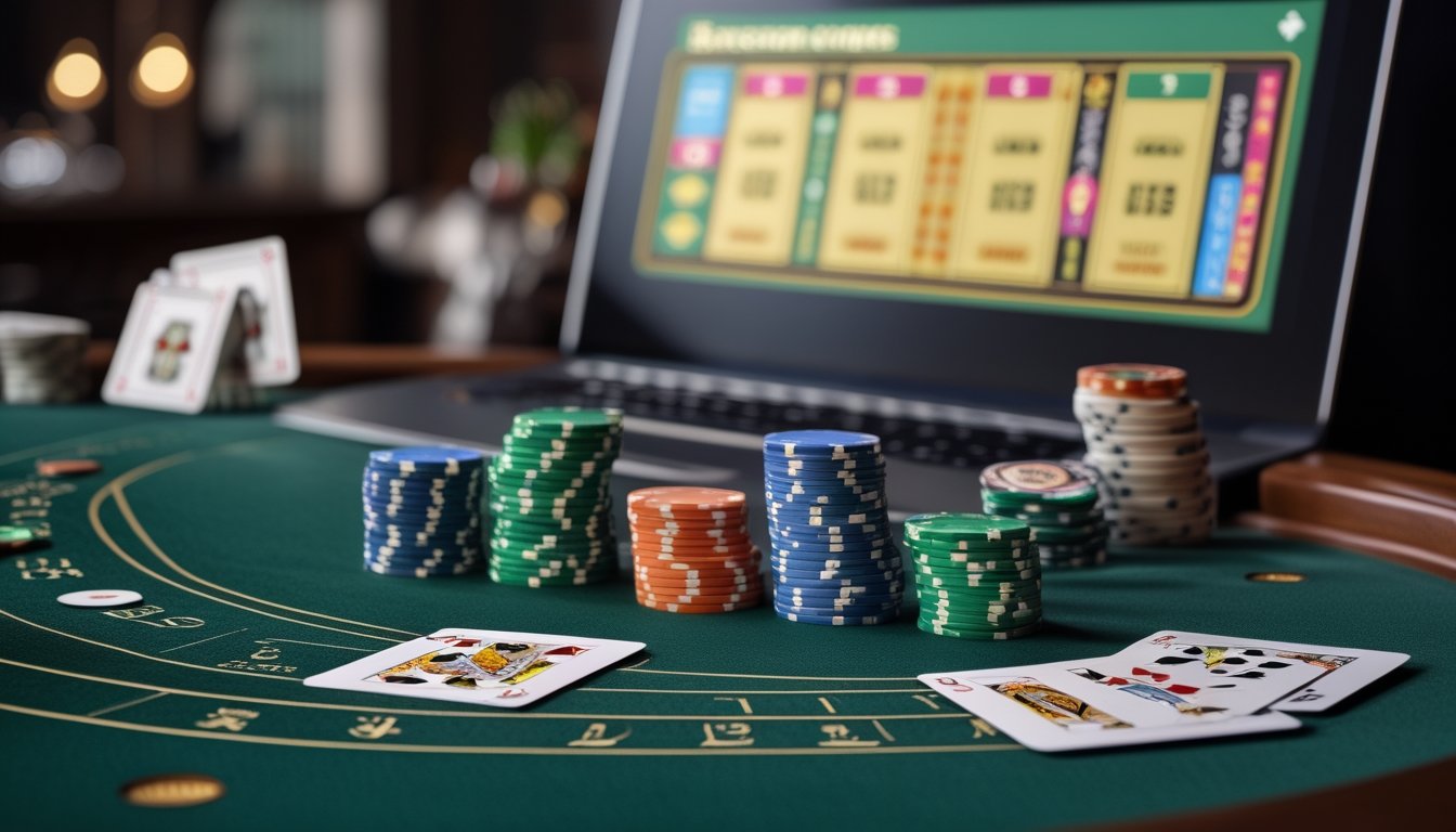 Kartu baccarat dan tumpukan chip di atas meja hijau, dengan laptop di latar belakang.