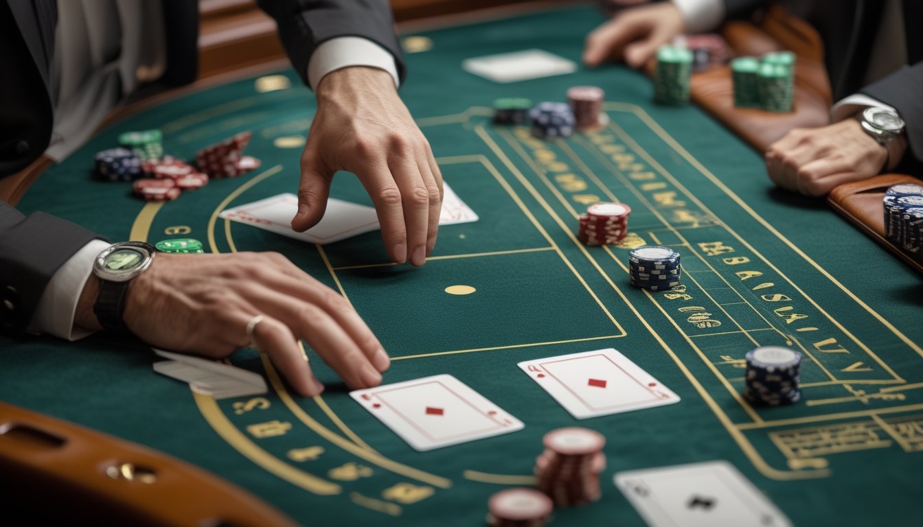 Kartu dan tumpukan chip tersusun di atas meja baccarat dengan tangan dealer di dekatnya.