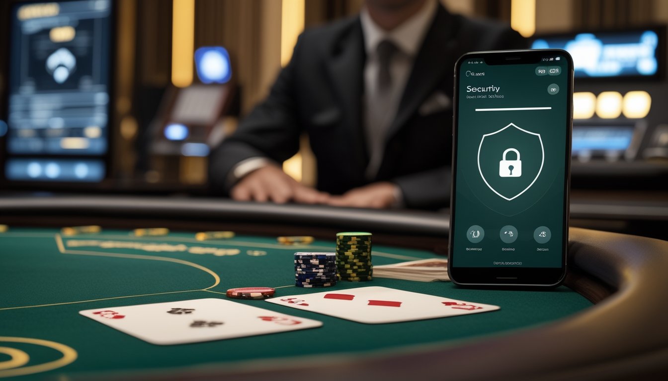Meja baccarat dengan kartu, keping taruhan, dan ponsel yang menampilkan ikon keamanan.