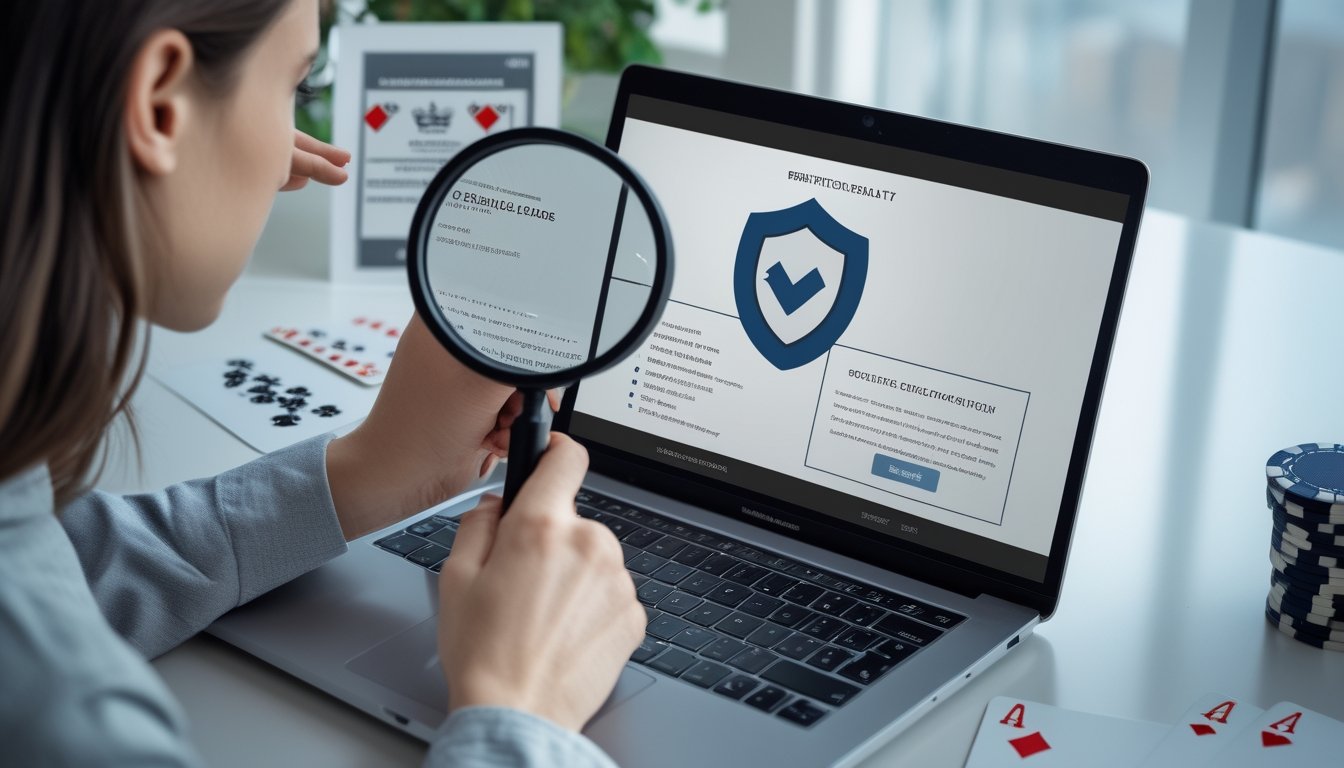 Seseorang memeriksa informasi operator taruhan baccarat di laptop dengan kartu identitas dan daftar verifikasi di meja.