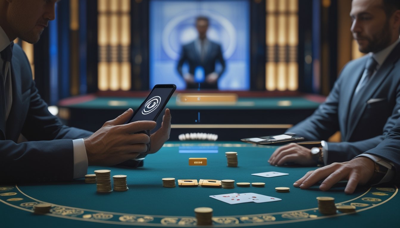 Seorang pemain menggunakan ponsel di dekat meja baccarat.