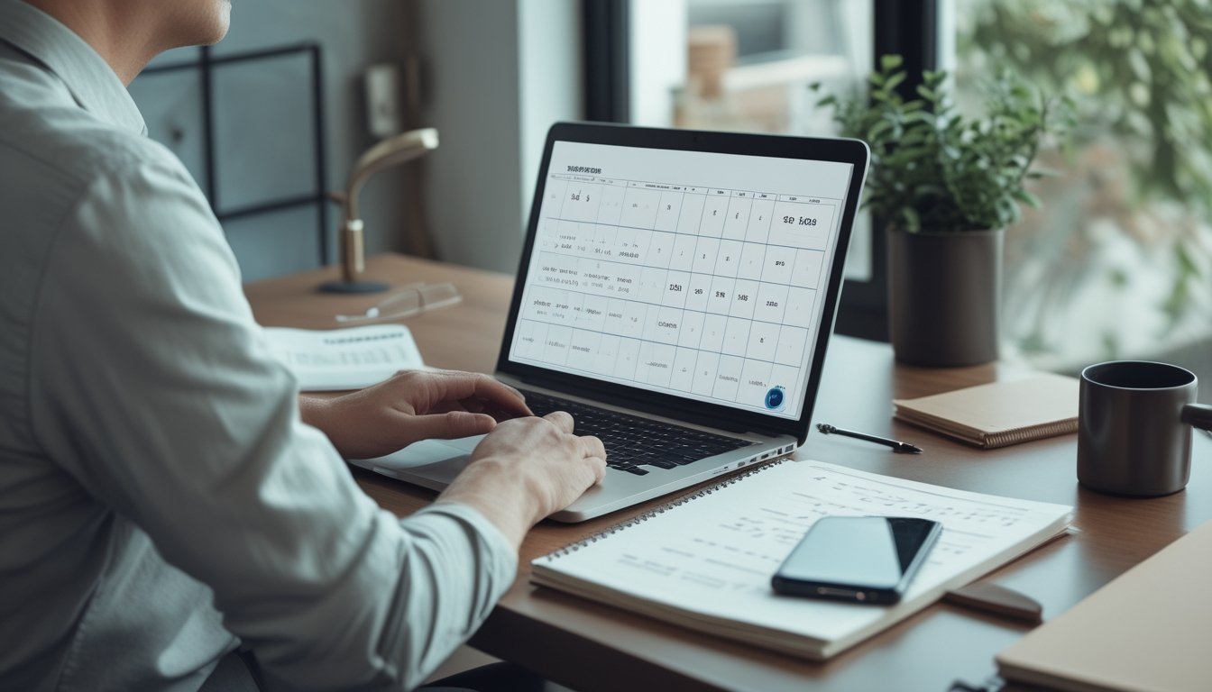 Seseorang memeriksa angka dan grafik di laptop di meja kerja.