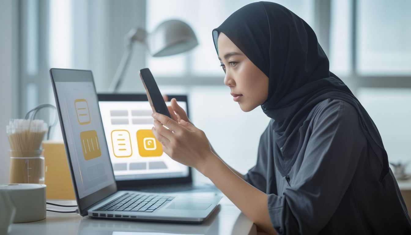 Seseorang memeriksa informasi di laptop dan ponsel dengan cermat.
