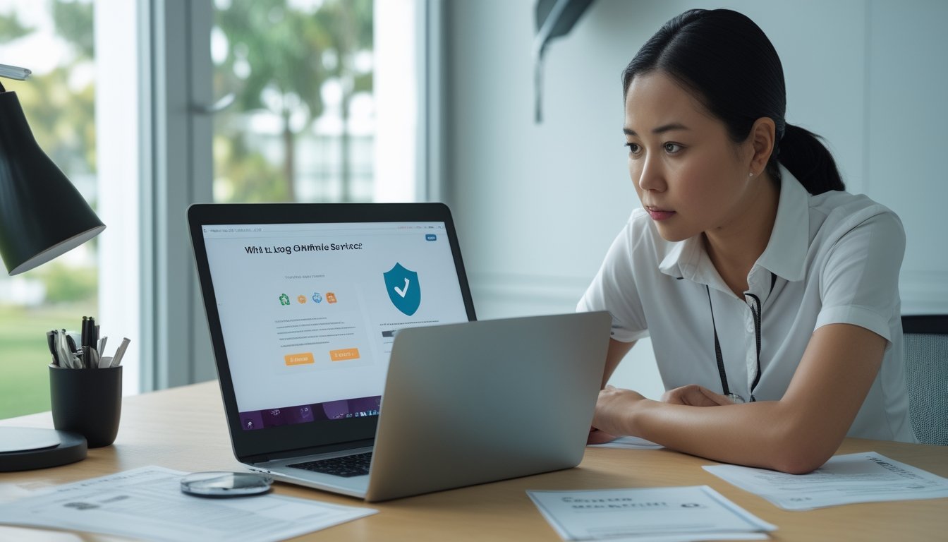 Seseorang memeriksa situs di laptop sambil meninjau dokumen dan simbol keamanan.