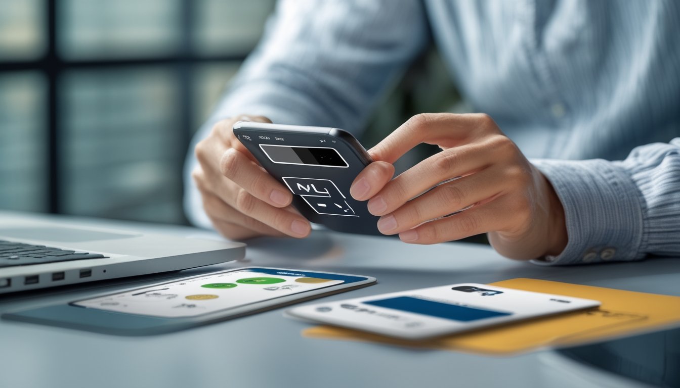 Seseorang menggunakan dompet digital di ponsel sambil memegang kartu bank.