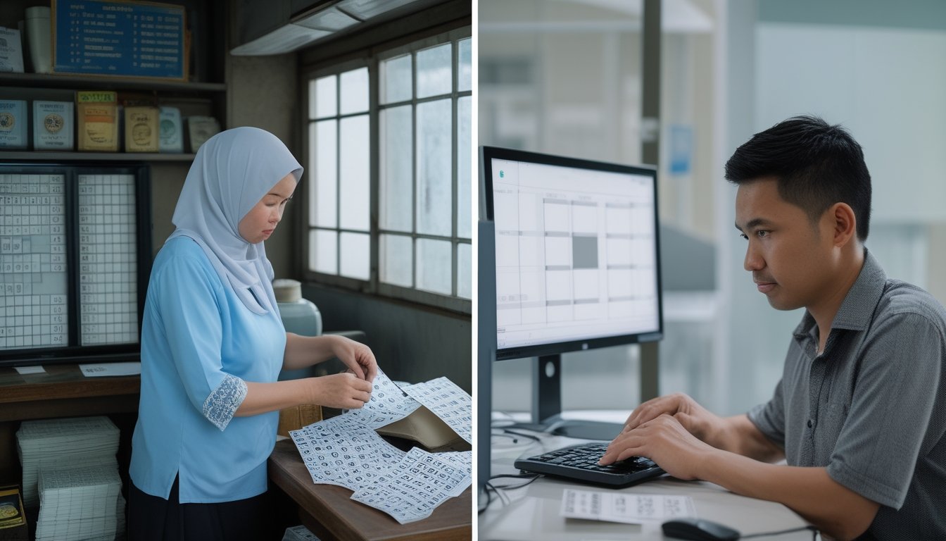 Seorang penjaga toko di dekat pelanggan yang menggunakan ponsel dan laptop.