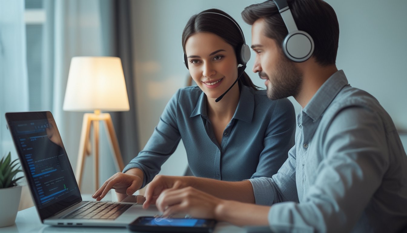 Seorang petugas layanan pelanggan memakai headset dan membantu pengguna melalui laptop.