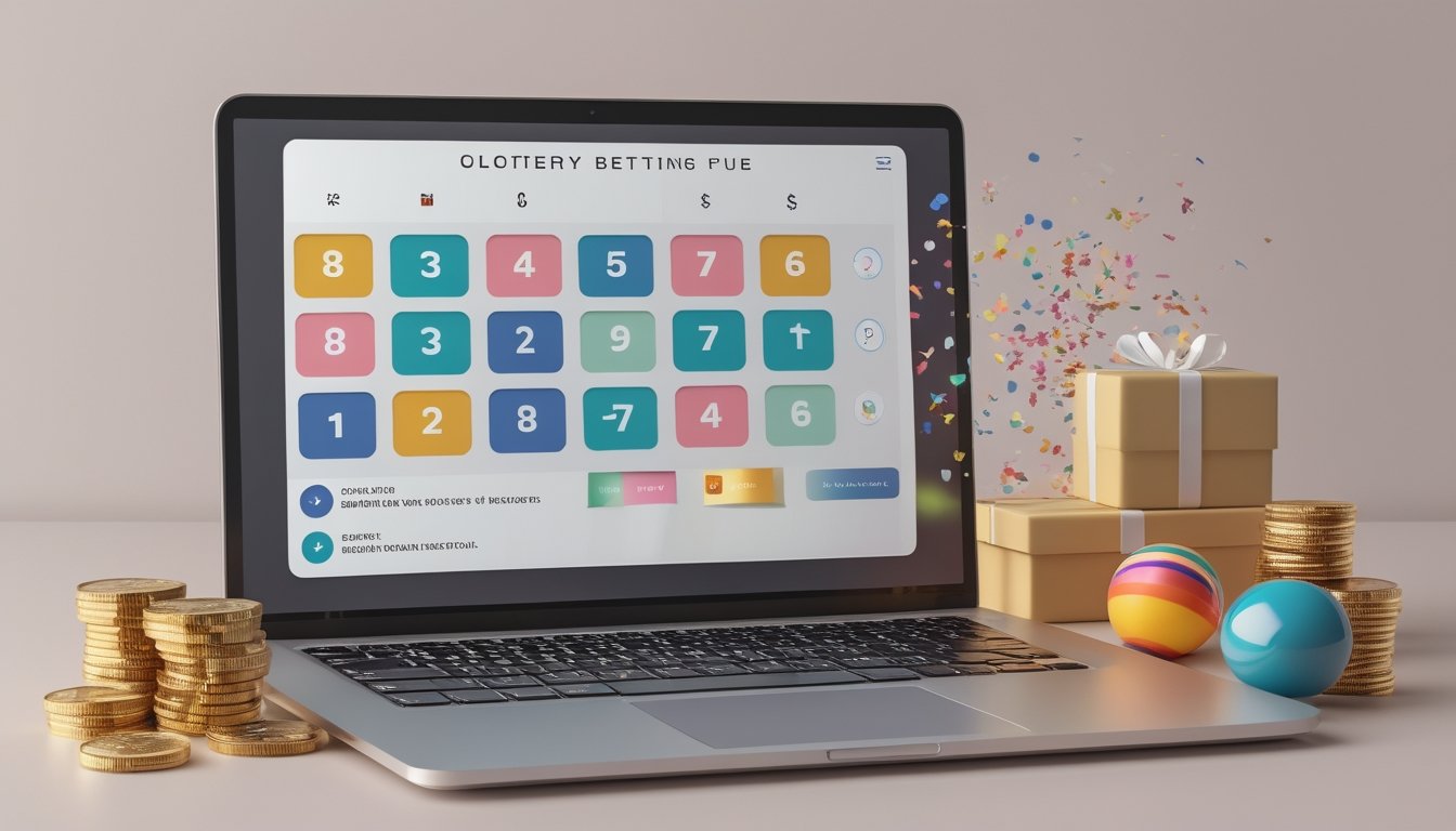 Laptop dengan angka undian, koin, bola togel, dan kotak hadiah di atas meja.