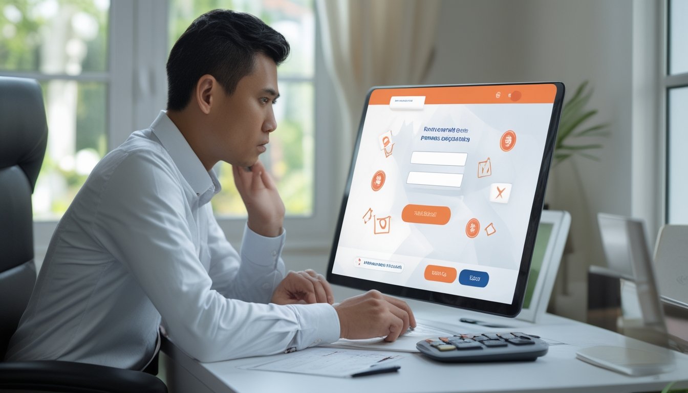 Seseorang memeriksa penawaran bonus di laptop sambil membandingkannya dengan daftar periksa.