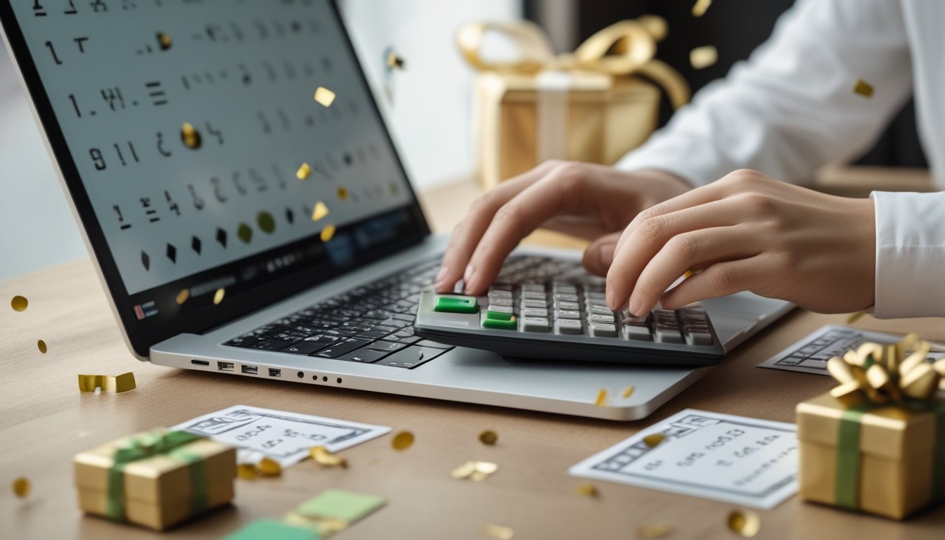 Seseorang menghitung angka dengan kalkulator di samping laptop dan kotak hadiah kecil.