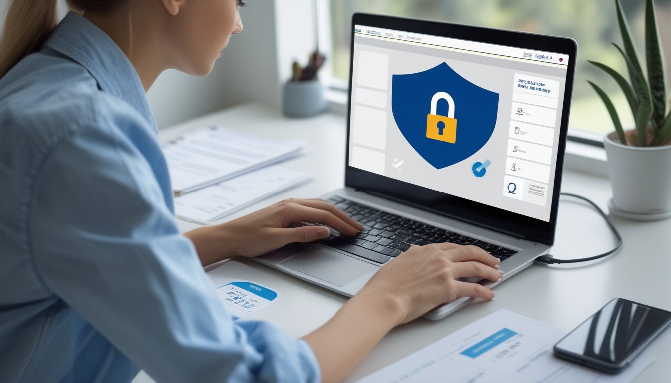 Seseorang memeriksa keamanan platform online melalui laptop di ruang kerja.