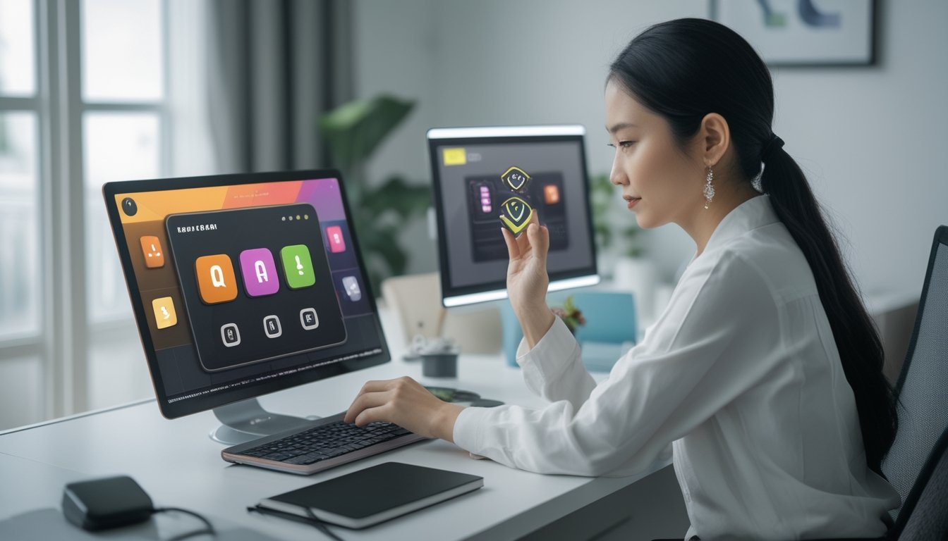 Seorang perempuan dewasa meninjau permainan slot daring di laptop dan ponselnya.