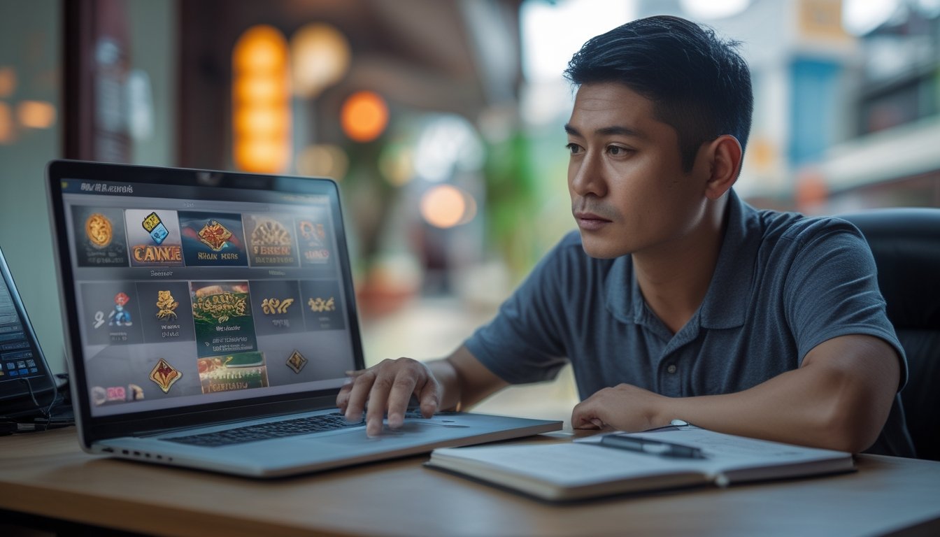 Seorang dewasa Indonesia meninjau layar laptop dan ponsel dengan cermat di meja.