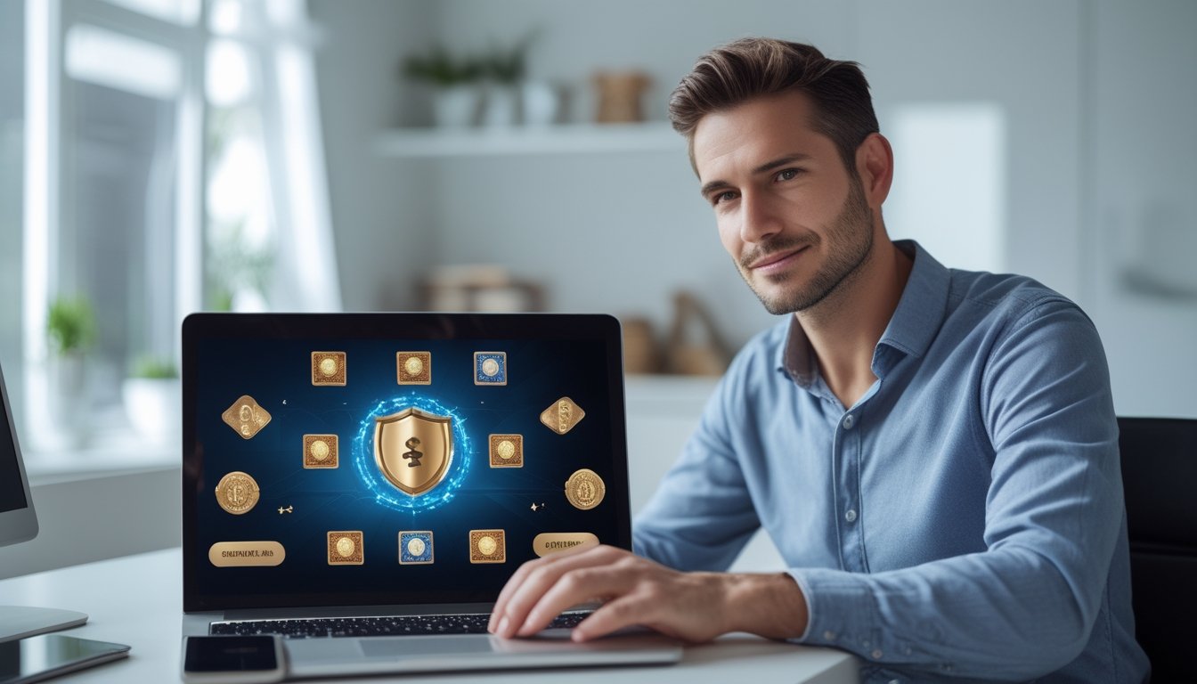 Seseorang menggunakan laptop dengan antarmuka permainan daring di ruang kerja yang terang.