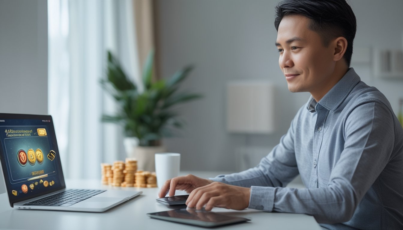 Seorang dewasa menggunakan laptop dan ponsel di meja untuk mendaftar akun permainan slot online.