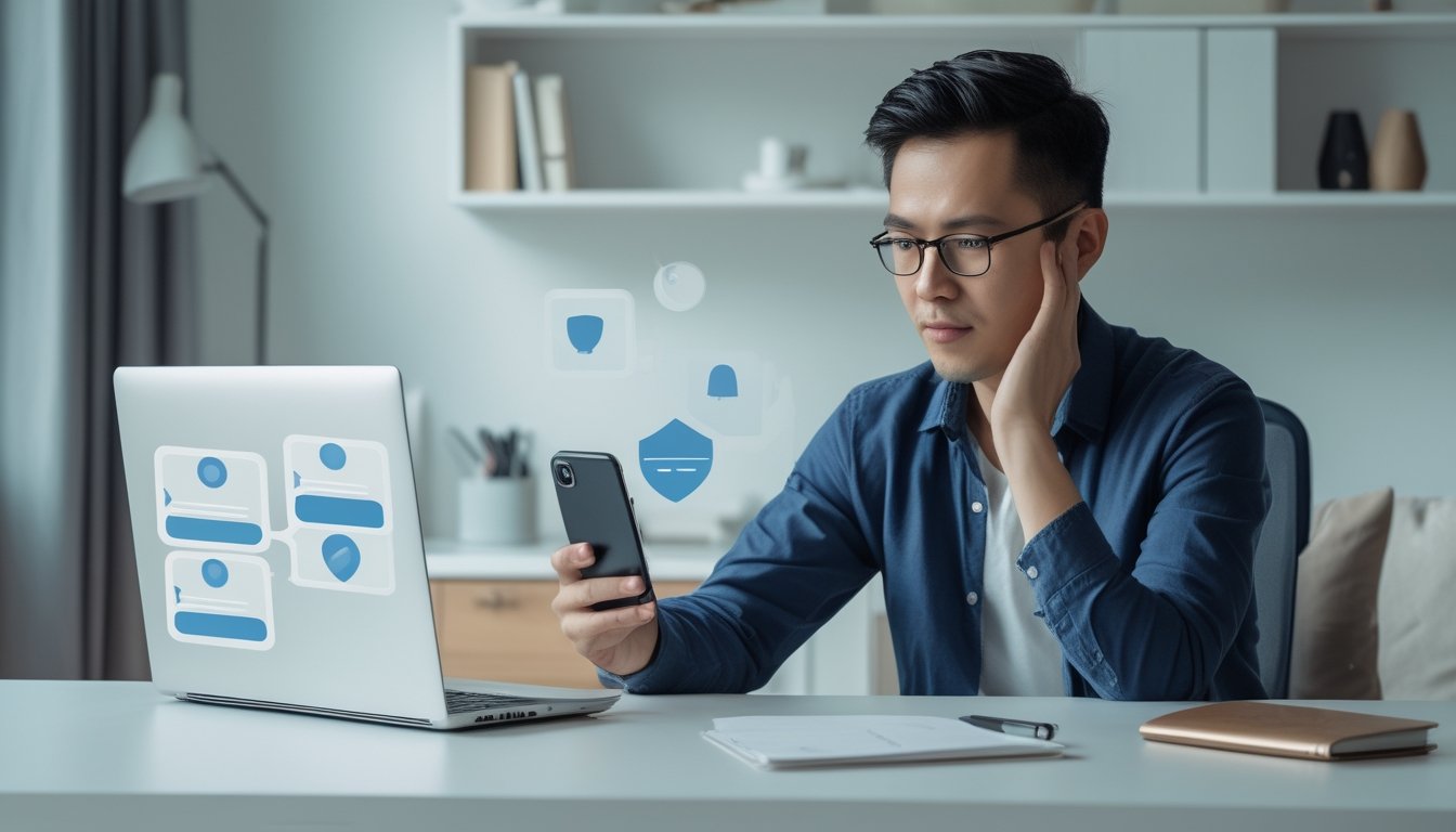 Seorang pemula memeriksa ponsel dan laptop di meja sebelum membuat akun online.