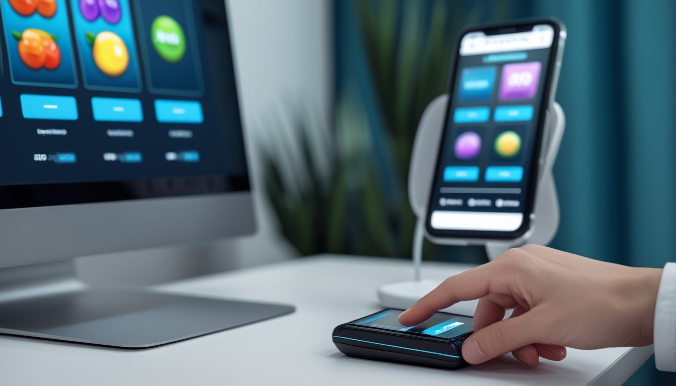 Seseorang menggunakan ponsel untuk bermain permainan slot dan melakukan pembayaran digital.