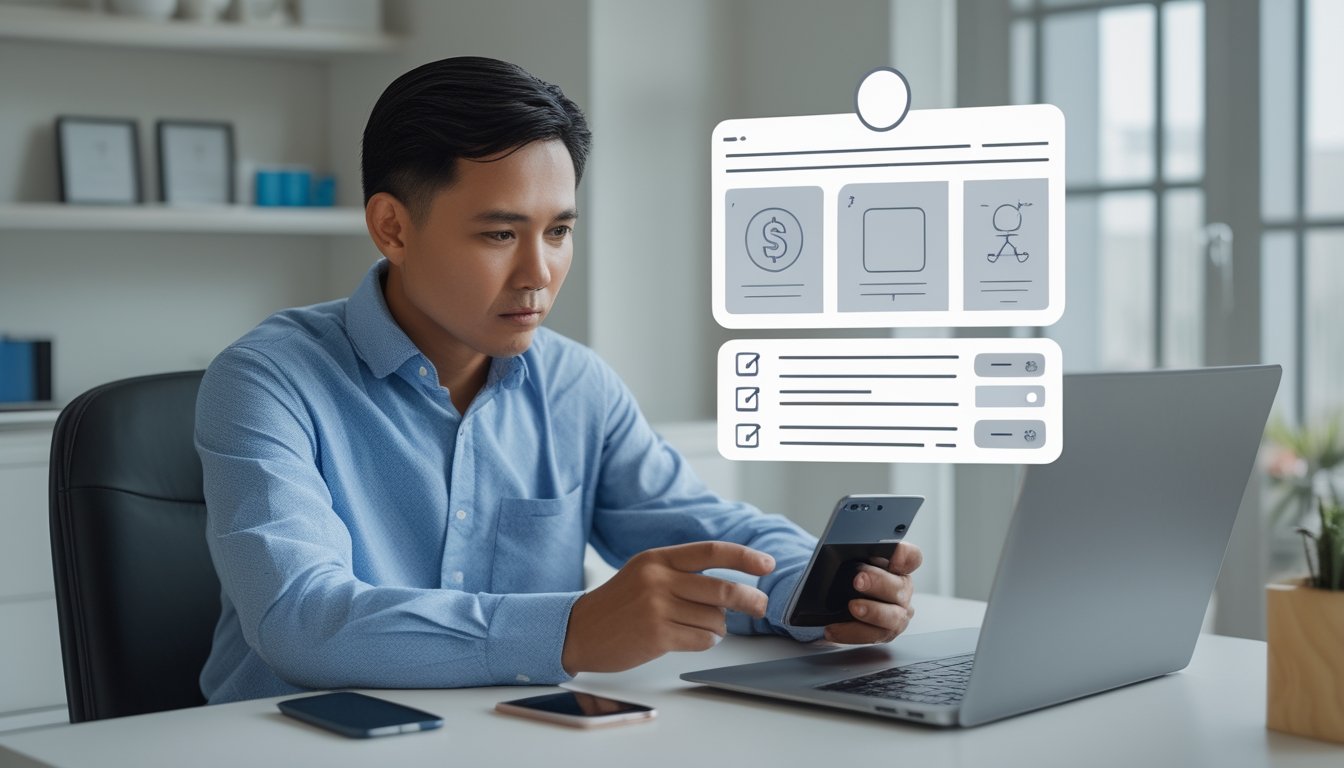 Seseorang membandingkan pilihan pembayaran melalui ponsel dan laptop di meja kerja.