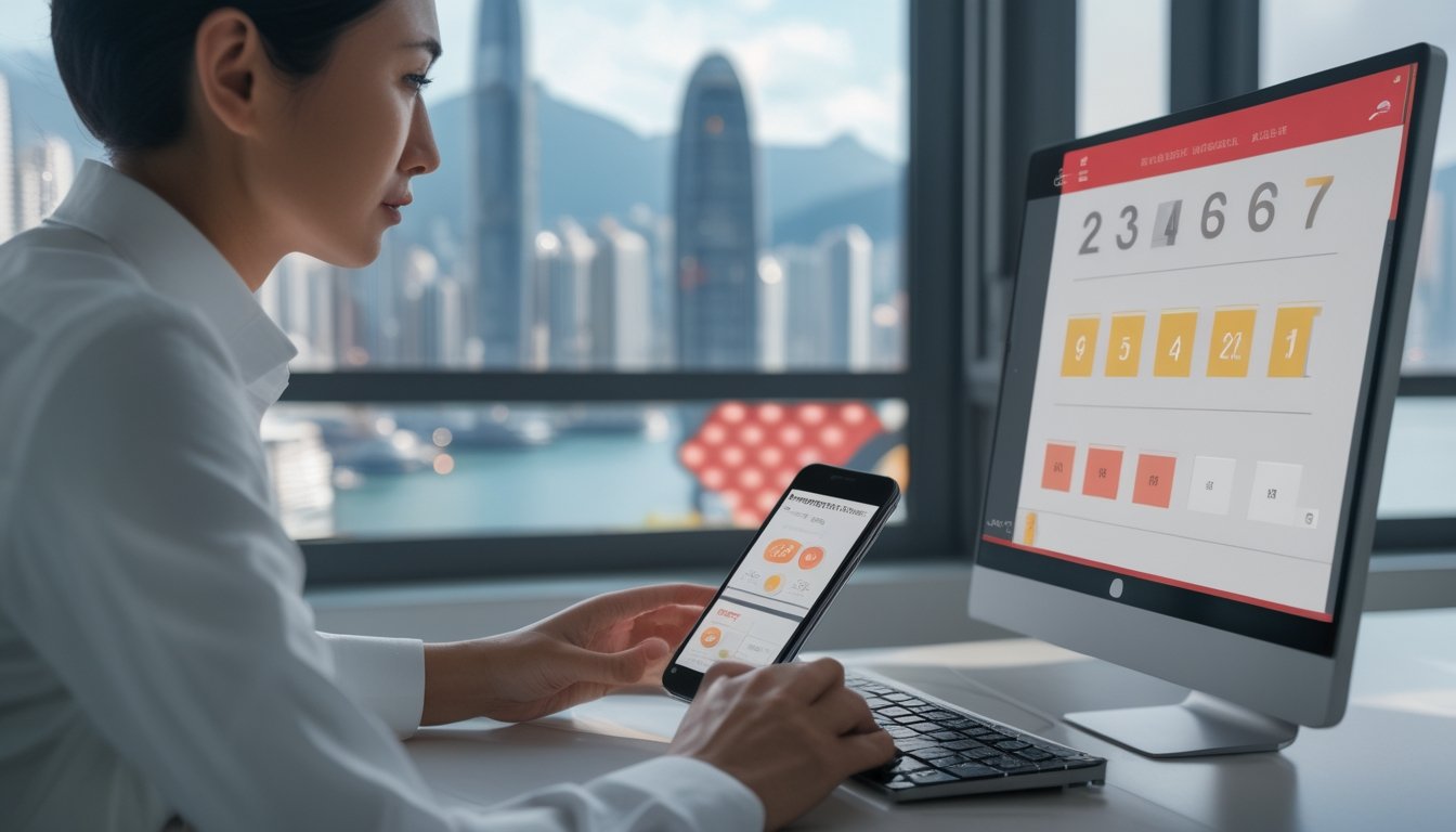 Seorang dewasa menggunakan laptop dan ponsel di meja dengan latar pemandangan kota Hong Kong.