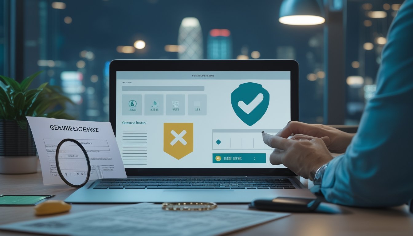 Seseorang memeriksa lisensi pada laptop dengan sertifikat dan kaca pembesar di meja.