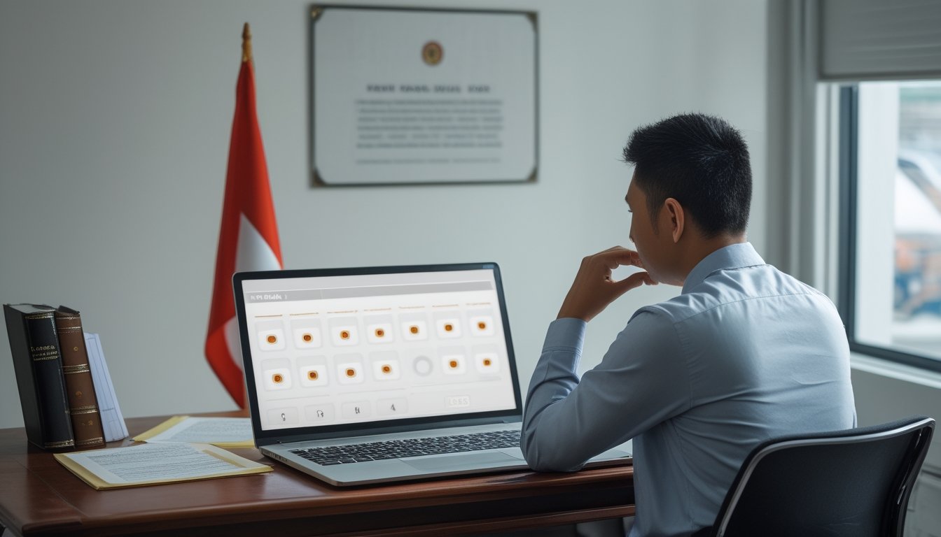 Seorang warga Indonesia menelaah laptop dan dokumen hukum di meja.