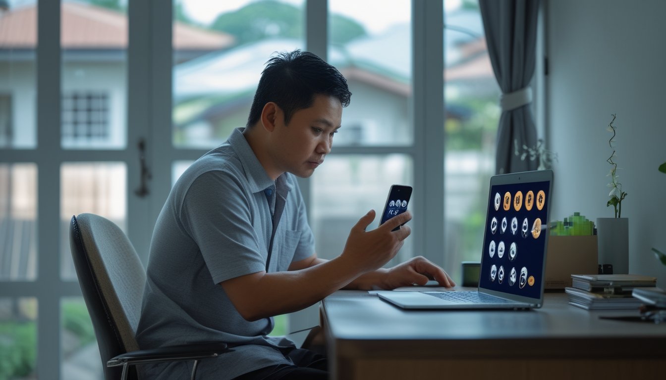 Seorang warga Indonesia memandang ponsel di meja dengan ekspresi serius.