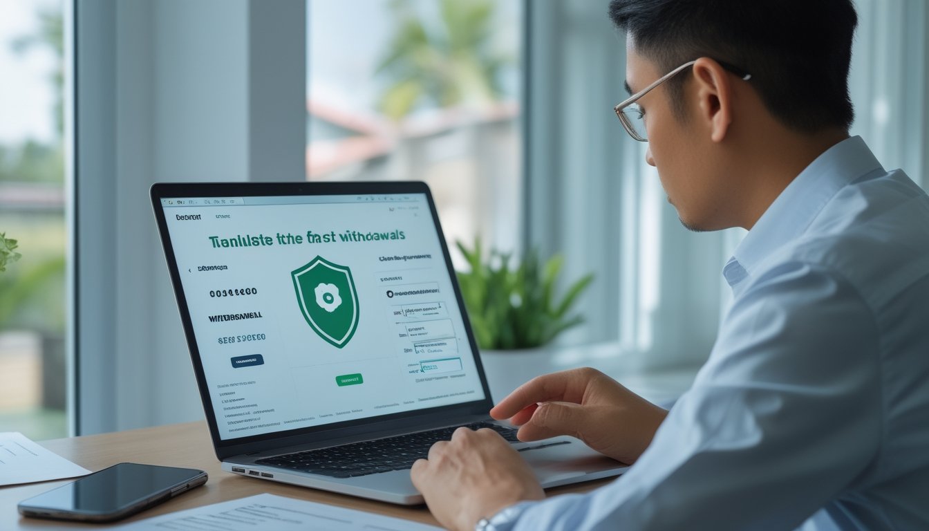 Seseorang memeriksa situs layanan daring melalui laptop di meja kerja.