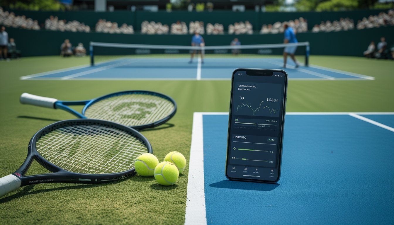 Raket dan bola tenis berada di dekat ponsel di antara lapangan rumput dan lapangan keras.