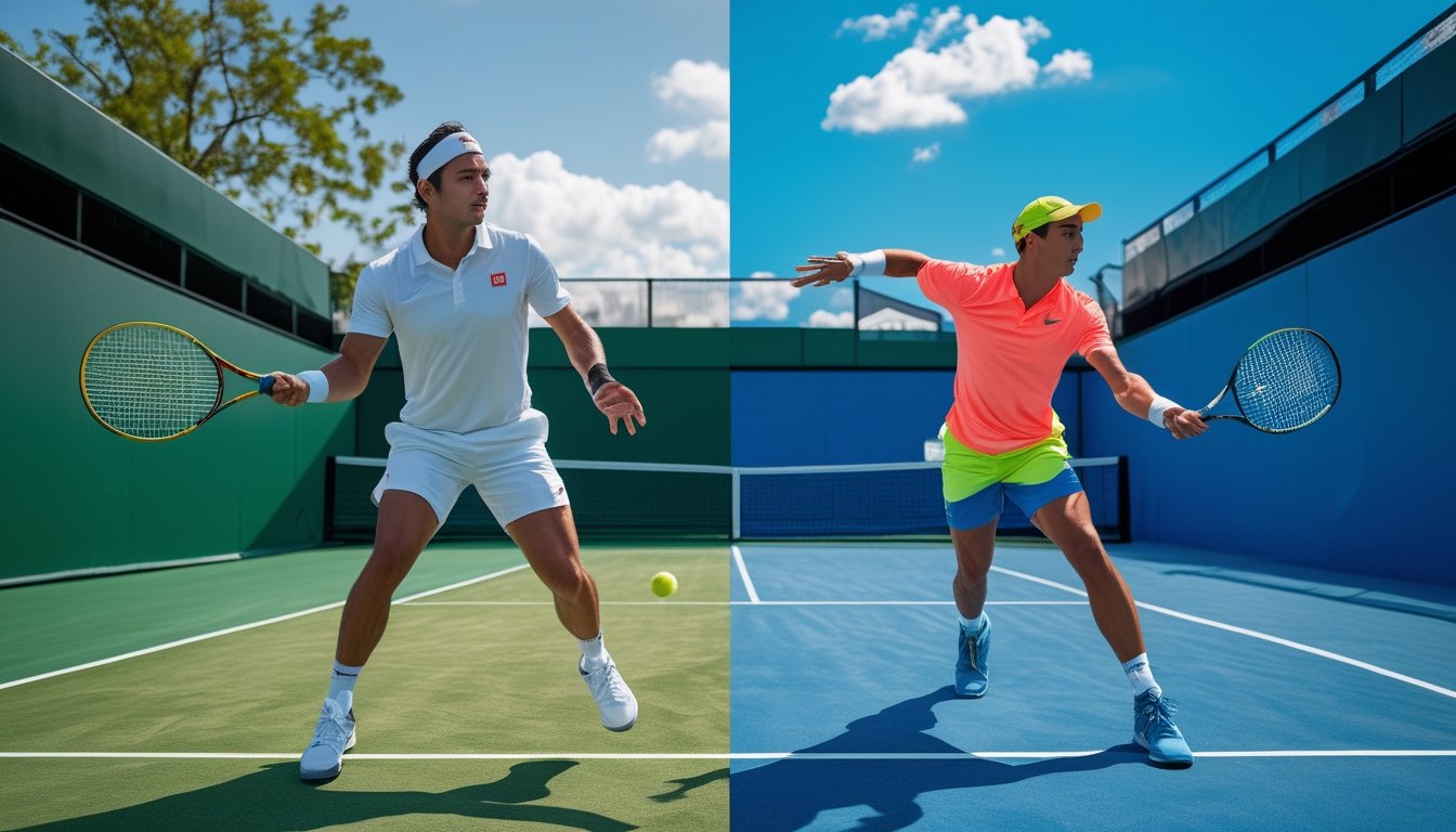Pemain tenis bertanding di lapangan rumput dan lapangan keras.