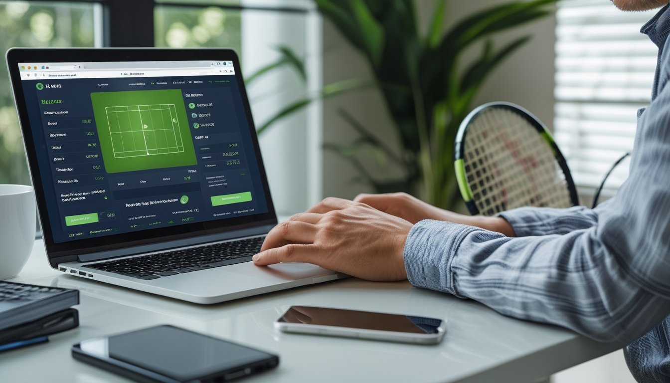 Seseorang menggunakan laptop dengan ponsel dan raket tenis di atas meja.