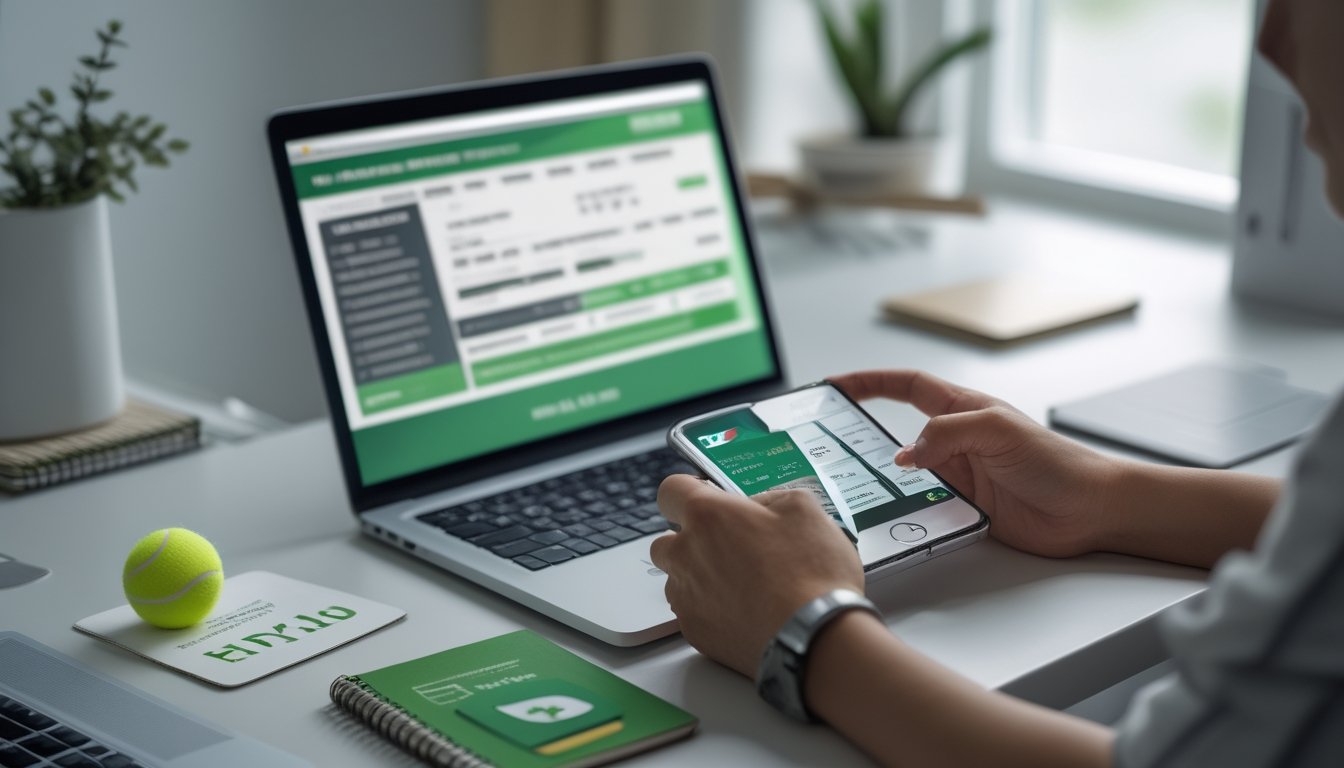 Seseorang memeriksa ponsel di meja dengan kartu bank, laptop, dan bola tenis.