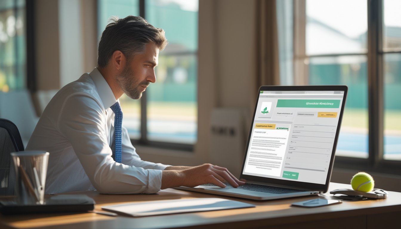 Seorang analis membandingkan platform taruhan tenis di laptop sambil memeriksa dokumen lisensi.