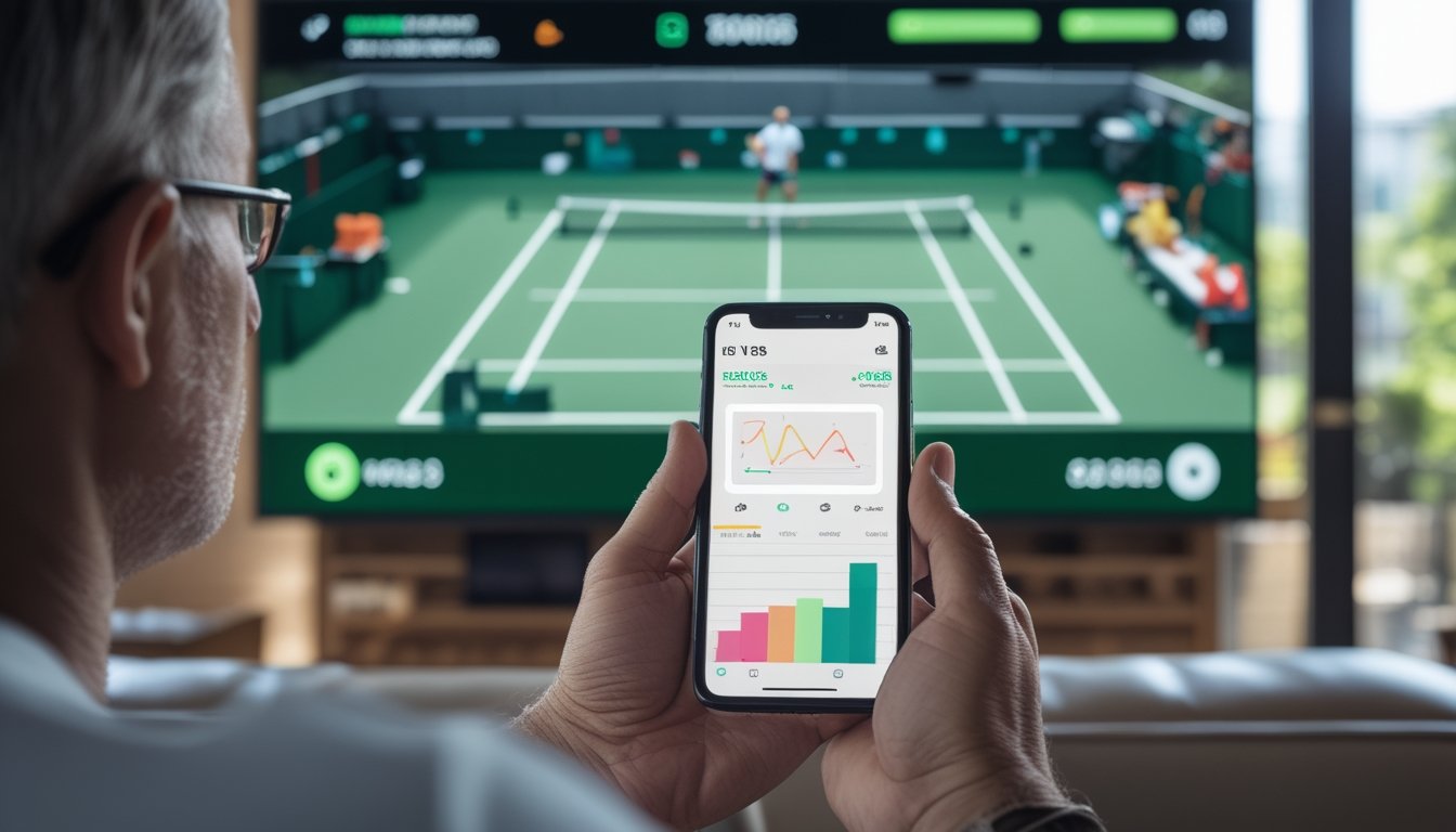 Seorang penonton mengikuti pertandingan tenis di layar sambil memegang ponsel.