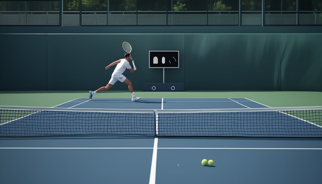 Pemain tenis mengembalikan bola saat pertandingan berlangsung, sementara seorang penonton melihat ponselnya.