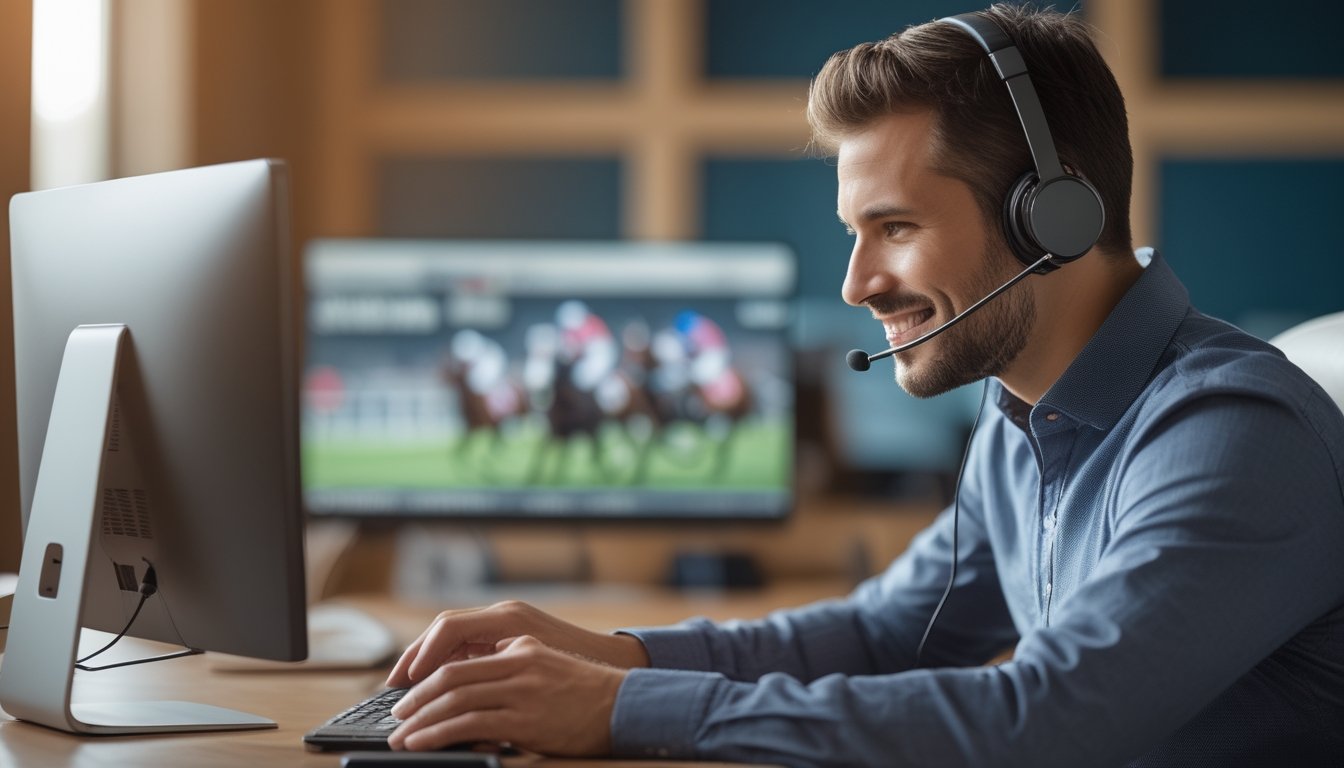 Petugas layanan pelanggan memakai headset membantu pengguna di depan komputer, dengan suasana arena pacuan kuda di latar belakang.