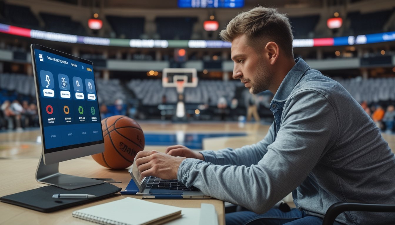 Seorang penggemar bola basket mempelajari tampilan pertandingan NBA di tablet di meja.