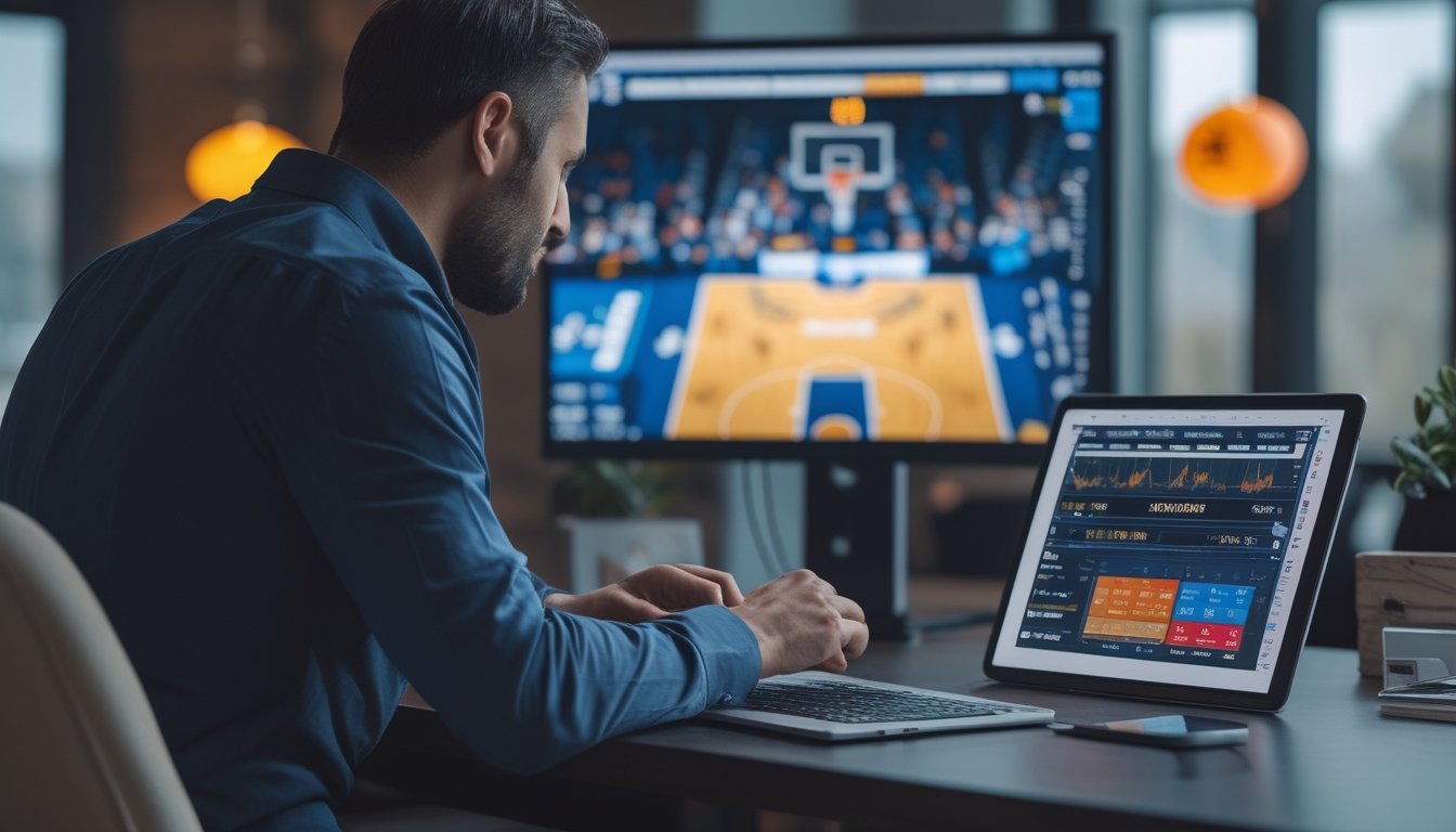 Seorang analis membandingkan data peluang taruhan basket NBA di meja kerja.